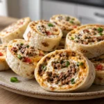 A close-up of several taco pinwheels rolled in flour tortillas with seasoned beef, cream cheese, and green onions, served on a white plate.