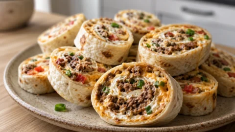 A close-up of several taco pinwheels rolled in flour tortillas with seasoned beef, cream cheese, and green onions, served on a white plate.