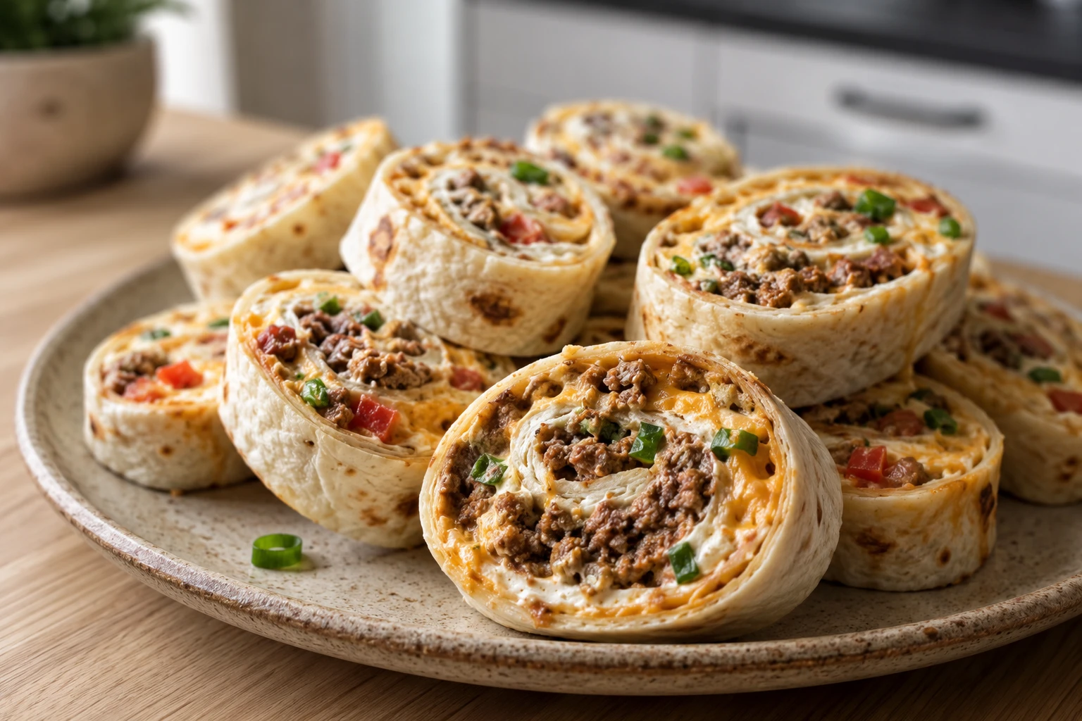 A close-up of several taco pinwheels rolled in flour tortillas with seasoned beef, cream cheese, and green onions, served on a white plate.