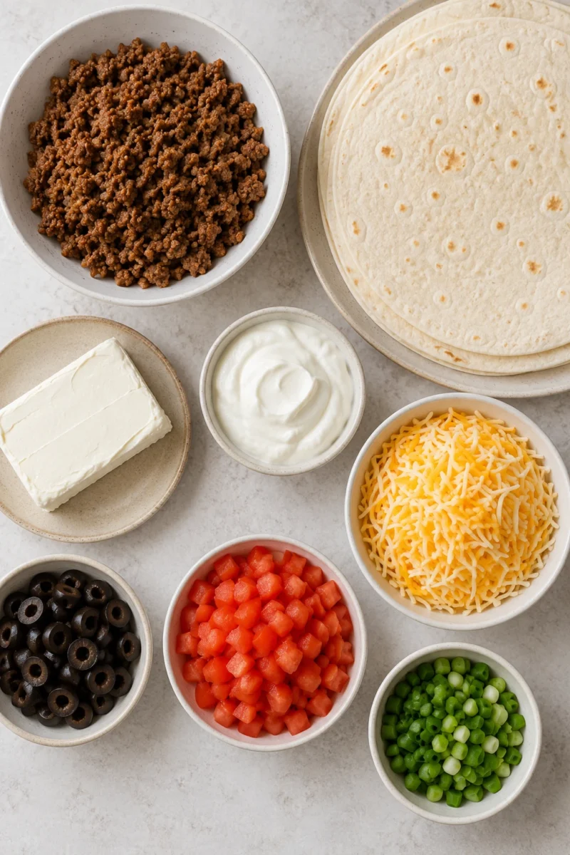 Top-down view of flour tortillas, seasoned ground beef, cream cheese, shredded cheese, olives, and green onions on a stone counter.