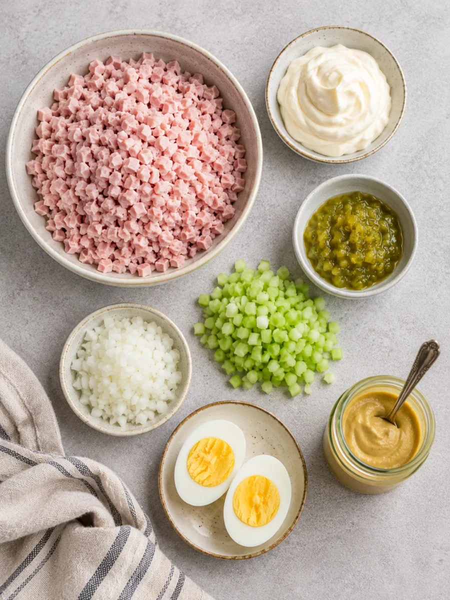 Overhead view of turkey ham salad ingredients including minced turkey, mayo, celery, eggs, and relish on a stone surface.