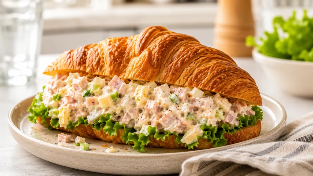 Close-up of a creamy turkey ham salad sandwich with celery and eggs inside a buttery croissant on a white ceramic plate.