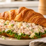 Close-up of a creamy turkey ham salad sandwich with celery and eggs inside a buttery croissant on a white ceramic plate.