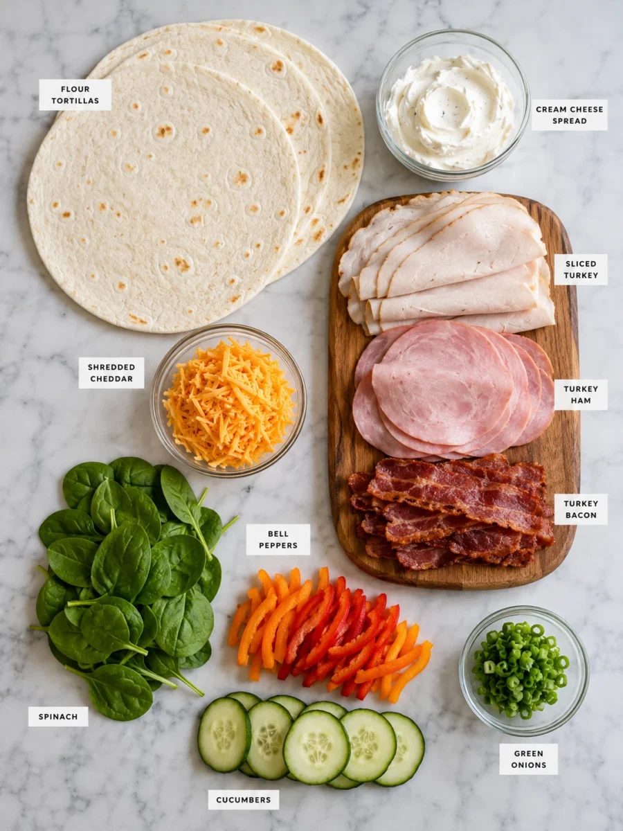 A top-down view of flour tortillas, turkey meats, cheeses, and sliced vegetables arranged neatly on a marble counter.