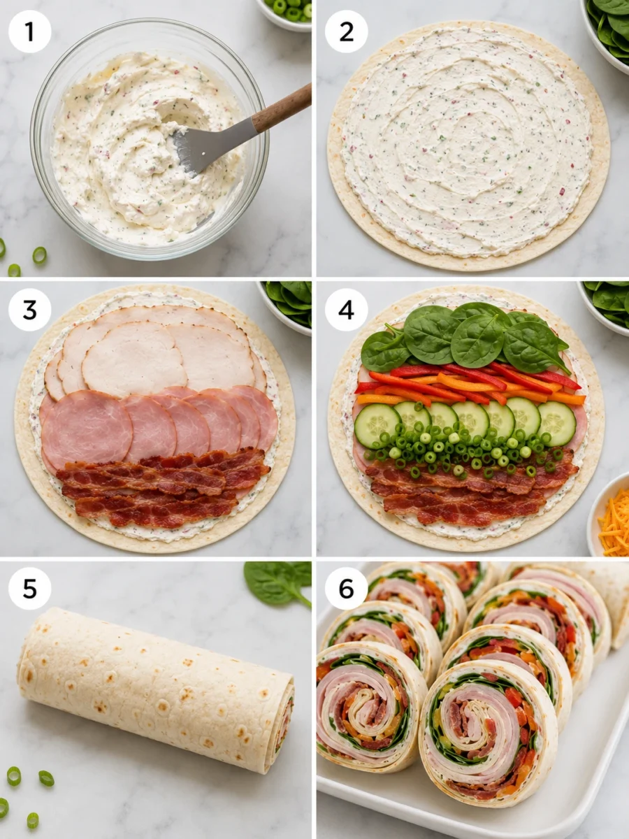 A six-panel collage showing the step-by-step process of making turkey pinwheels, from mixing ingredients to slicing the final roll.