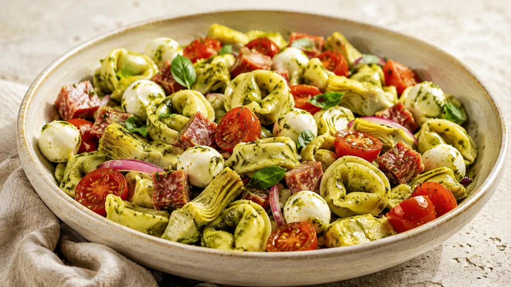 A large bowl of pesto tortellini salad with mozzarella pearls, tomatoes, artichoke hearts, and beef salami on a stone countertop.