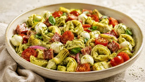 A large bowl of pesto tortellini salad with mozzarella pearls, tomatoes, artichoke hearts, and beef salami on a stone countertop.