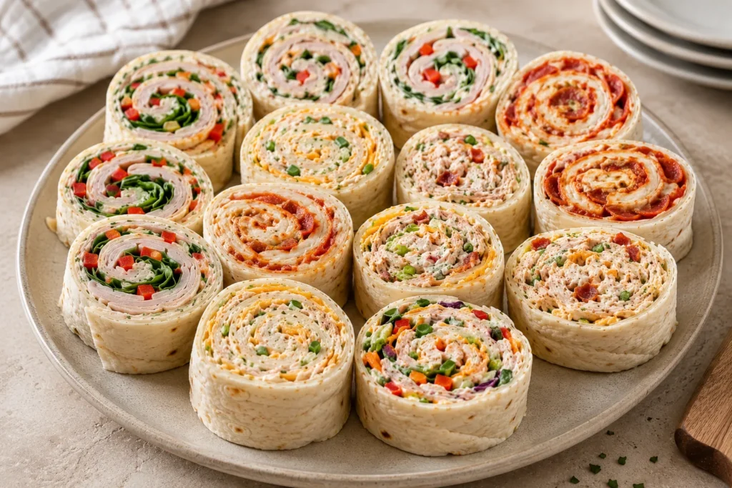 Pinwheel Recipes : A platter of sliced tortilla pinwheels filled with deli turkey, spinach, and cream cheese on a marble surface.