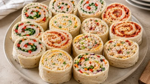 Pinwheel Recipes : A platter of sliced tortilla pinwheels filled with deli turkey, spinach, and cream cheese on a marble surface.