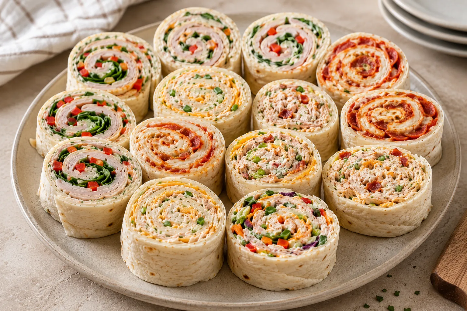 Pinwheel Recipes : A platter of sliced tortilla pinwheels filled with deli turkey, spinach, and cream cheese on a marble surface.