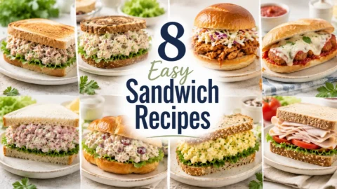 A collage of easy sandwich recipes including hot and cold chicken, turkey, tuna, and egg sandwiches