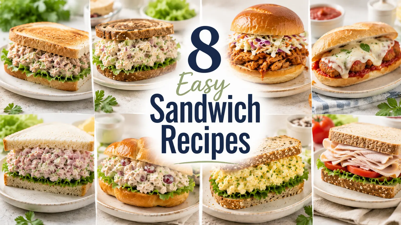 A collage of easy sandwich recipes including hot and cold chicken, turkey, tuna, and egg sandwiches