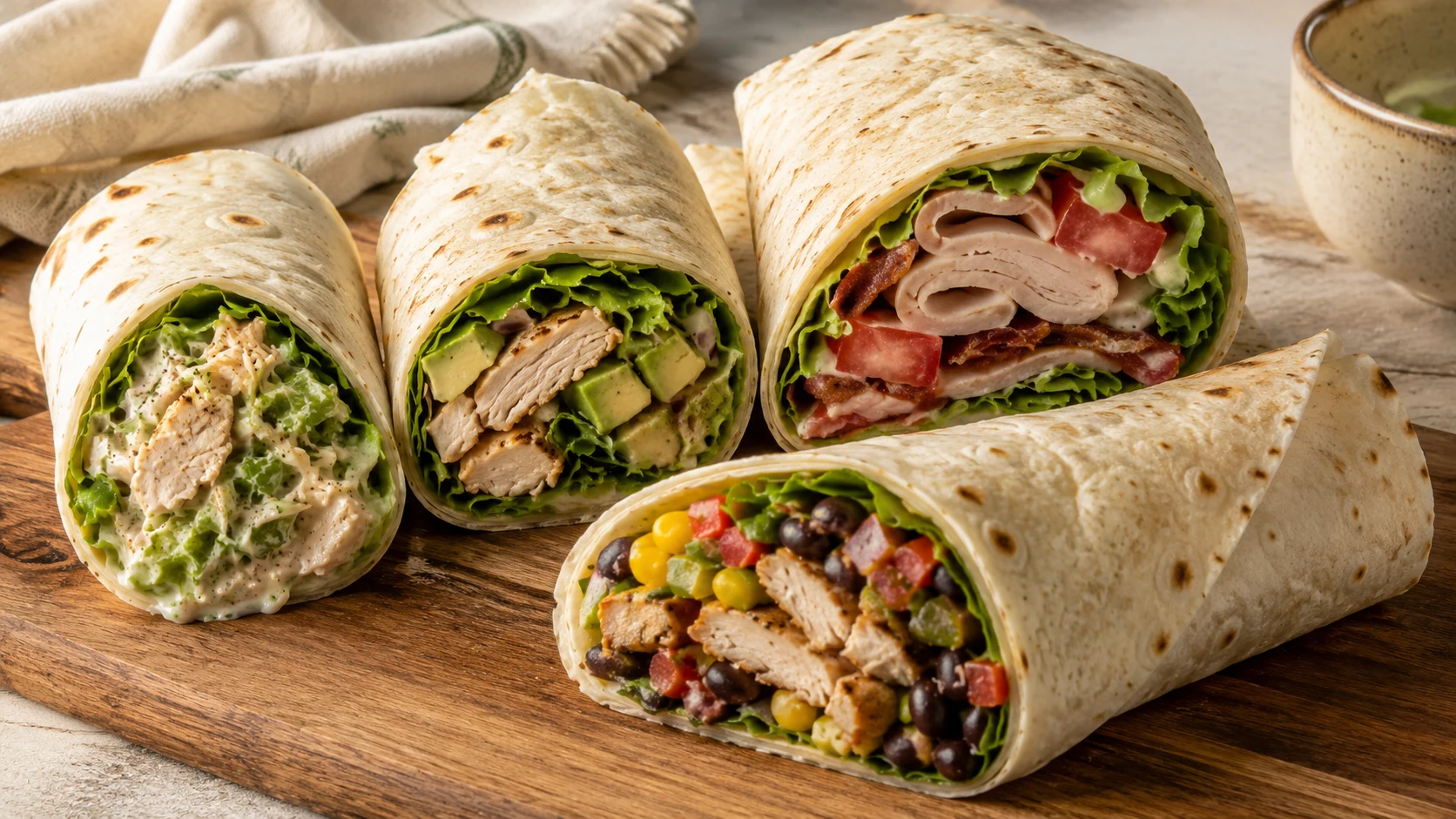 Assortment of easy chicken and turkey wrap recipes with fresh vegetables arranged on a wooden serving board.