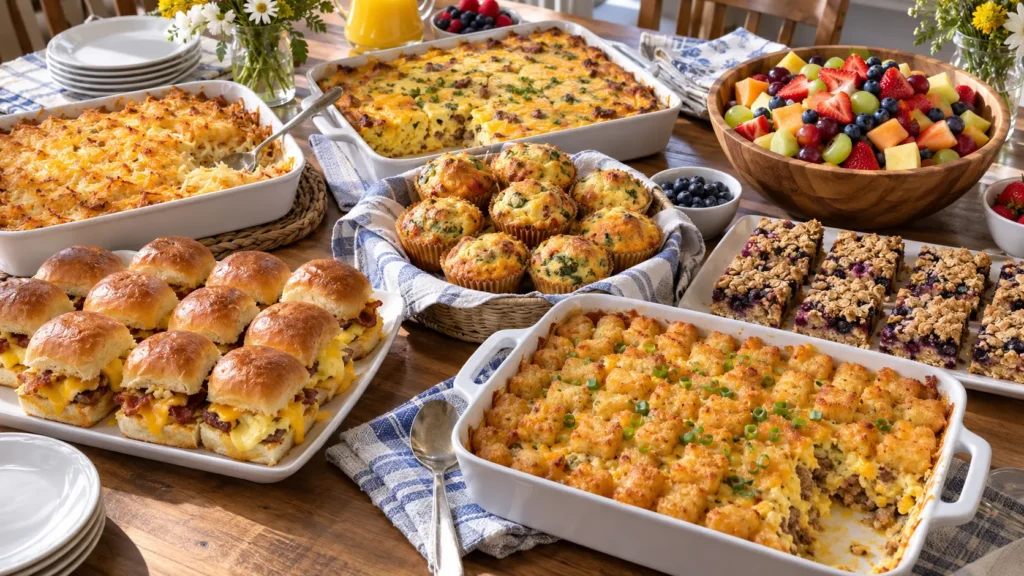 Easy breakfast potluck ideas with casseroles, sliders, muffins, oatmeal bars and fruit salad