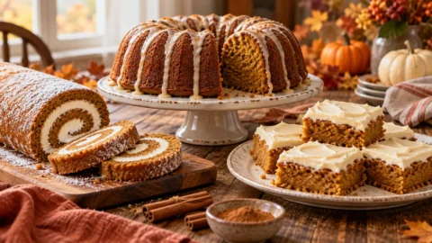 A curated variety of pumpkin desserts including a pumpkin roll, cheesecake, cookies, and pumpkin bread arranged on a rustic wooden table for fall.