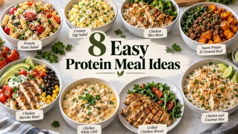 High protein meal prep ideas including chicken bowls, pasta salad, egg salad, chili, and make-ahead meals