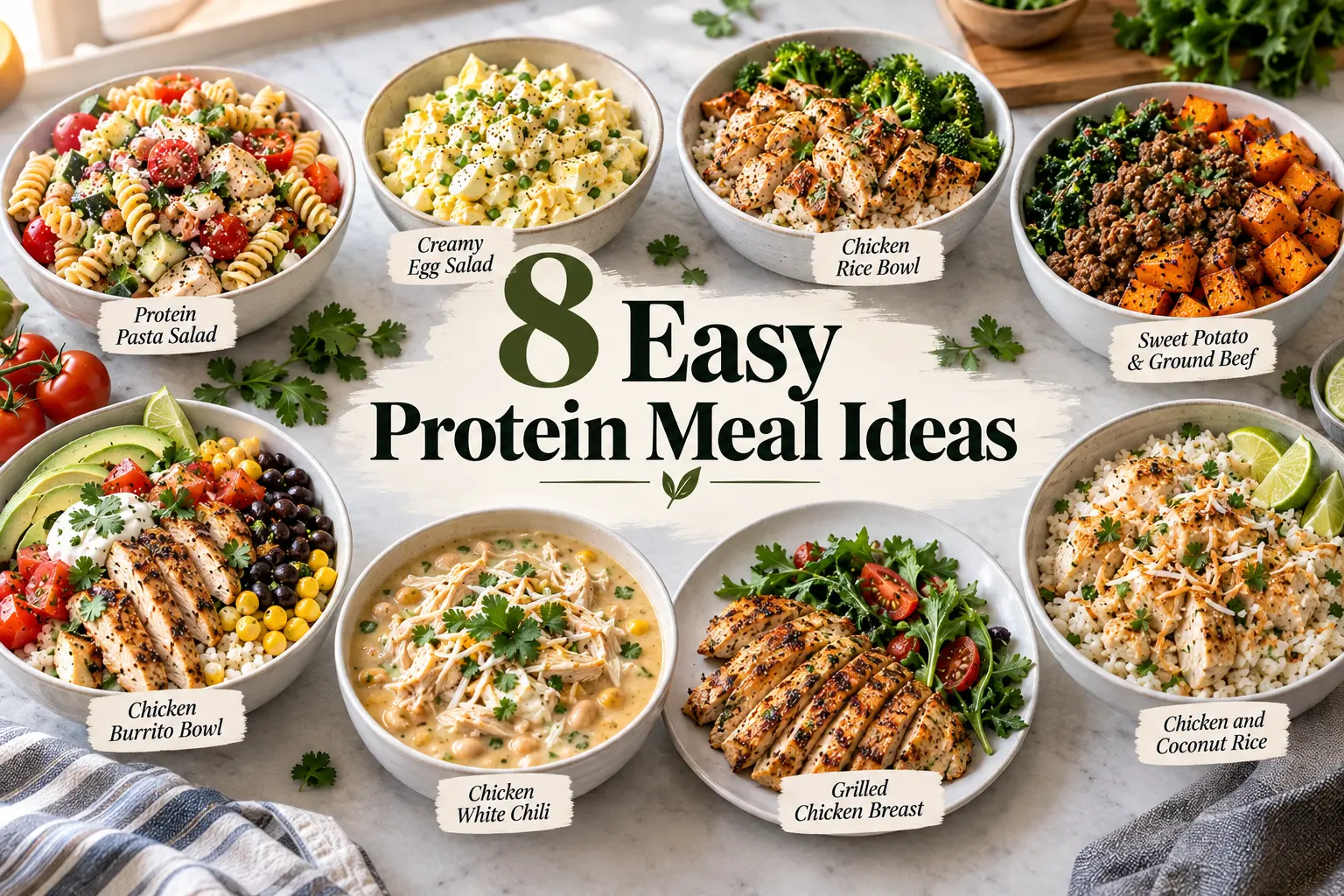 High protein meal prep ideas including chicken bowls, pasta salad, egg salad, chili, and make-ahead meals