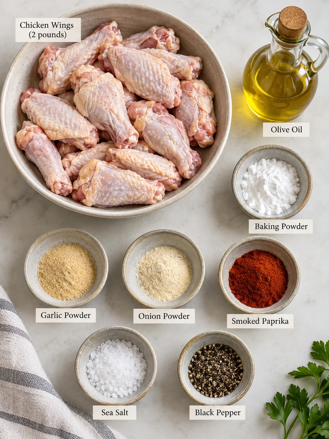 Ingredients for air fryer chicken wings, including chicken wings, spices, and olive oil