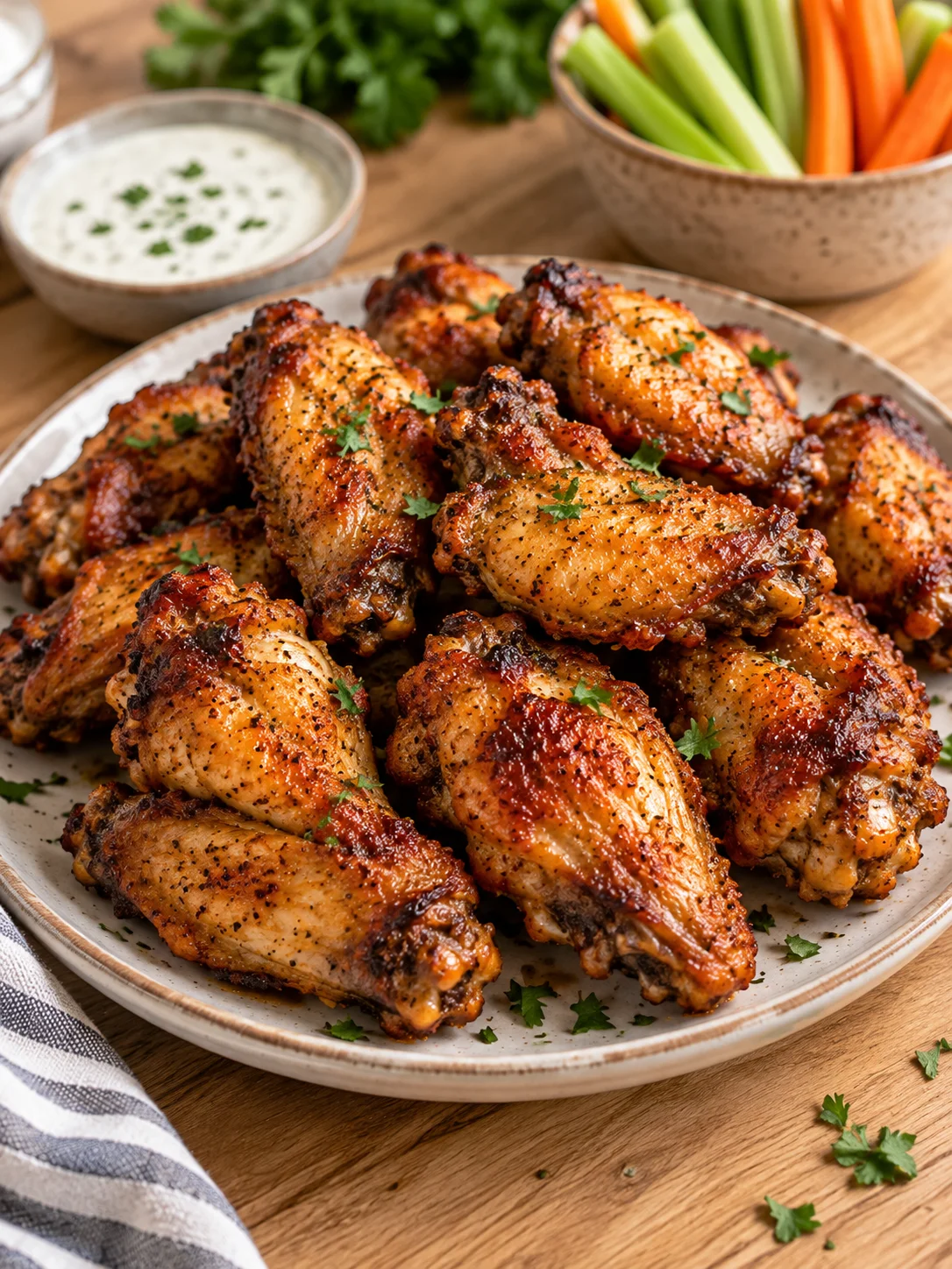Golden brown air fryer chicken wings on a neutral ceramic plate