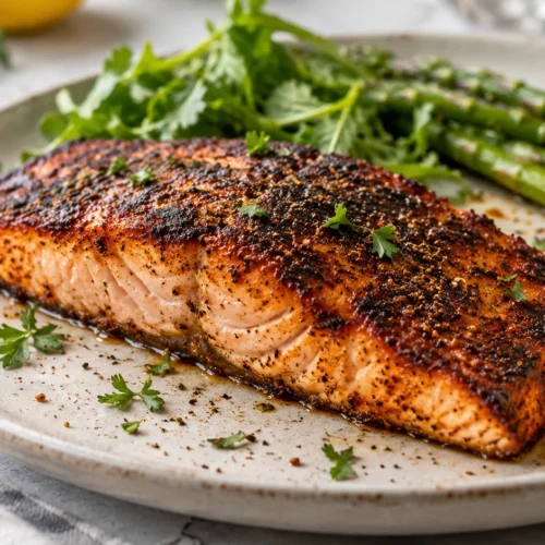 A cooked blackened salmon fillet on a plate with lemon and spices