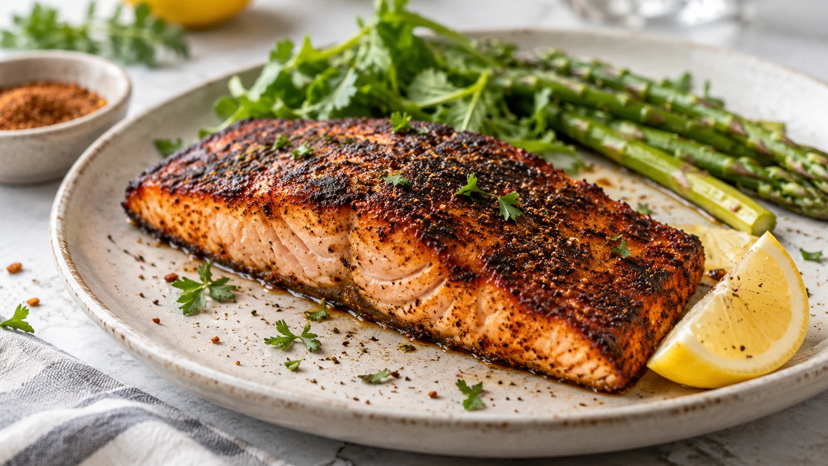 A cooked blackened salmon fillet on a plate with lemon and spices