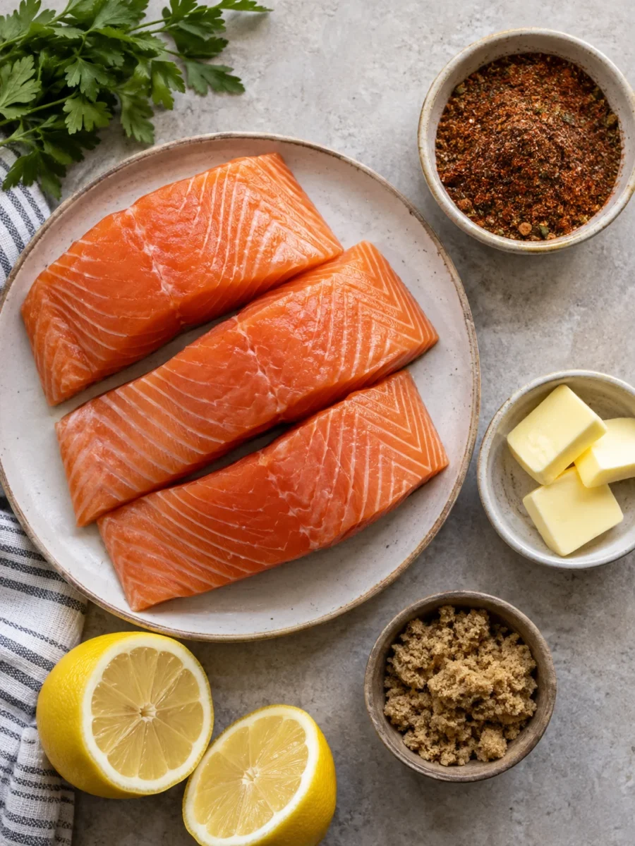 A flat-lay of salmon fillets, spices, butter, lemon, and brown sugar