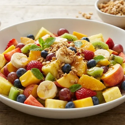 Colorful breakfast fruit salad in a large bowl