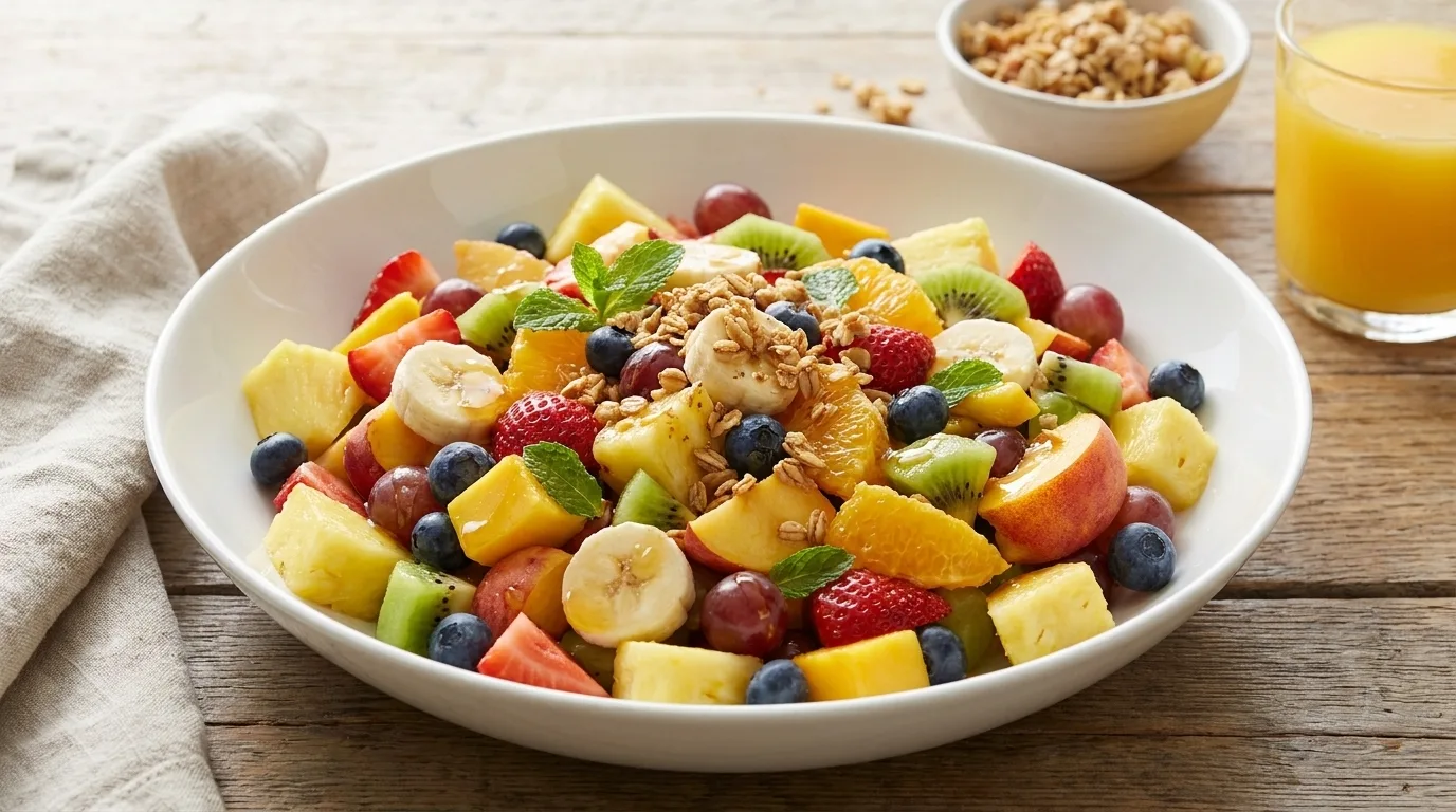 Colorful breakfast fruit salad in a large bowl