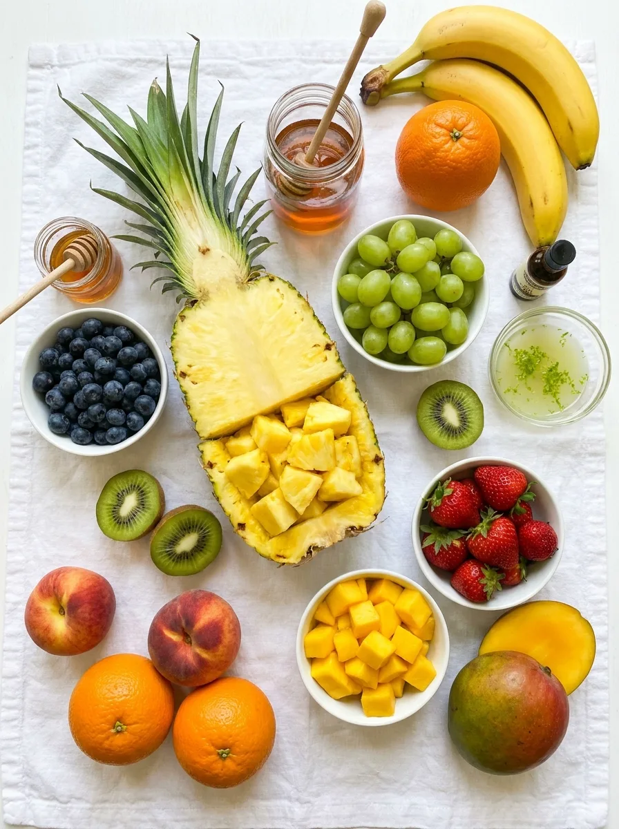 Flat-lay of breakfast fruit salad ingredients