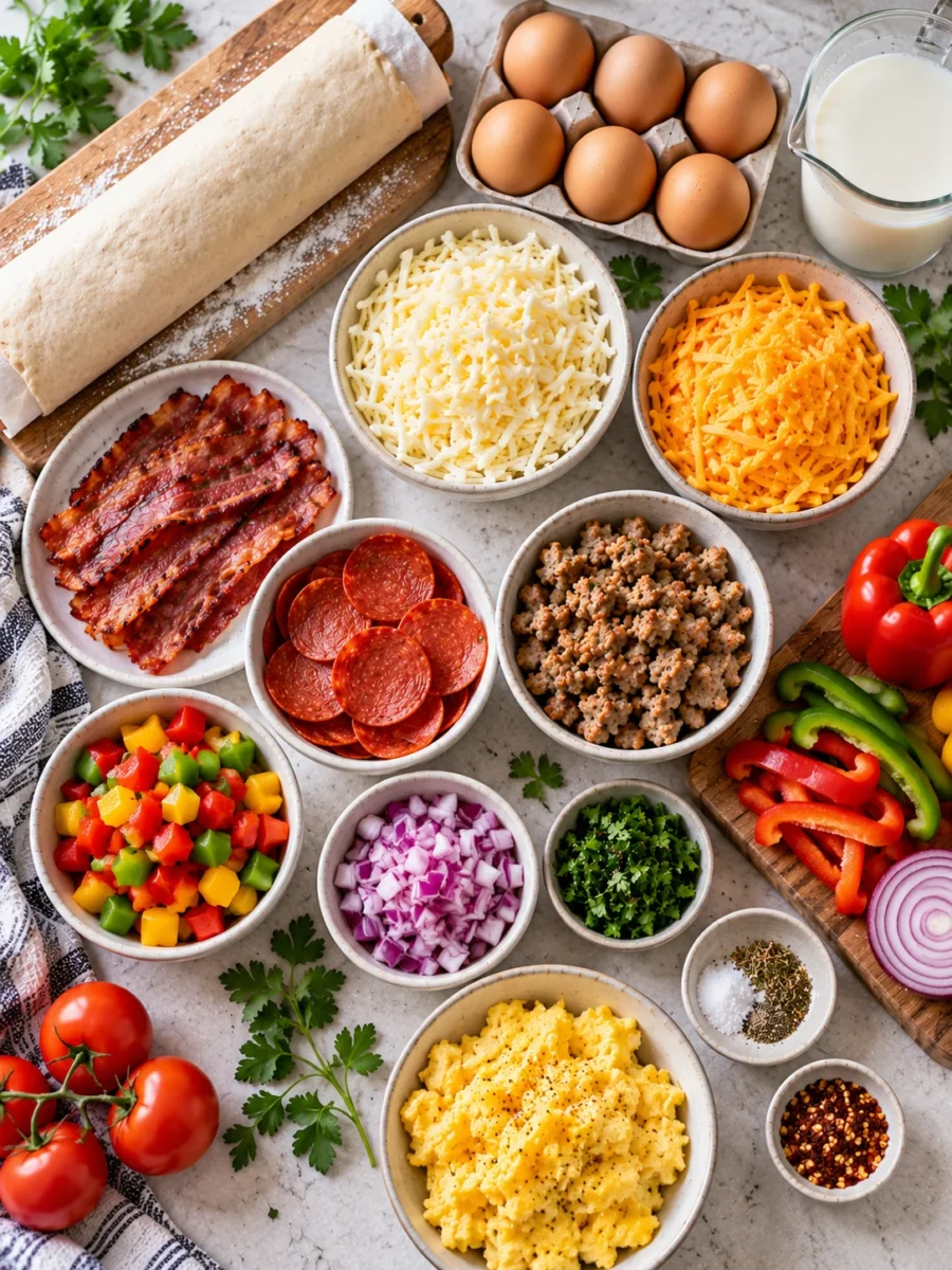 Flat-lay of breakfast pizza ingredients, including pizza crust, eggs, cheese, meats, and vegetables