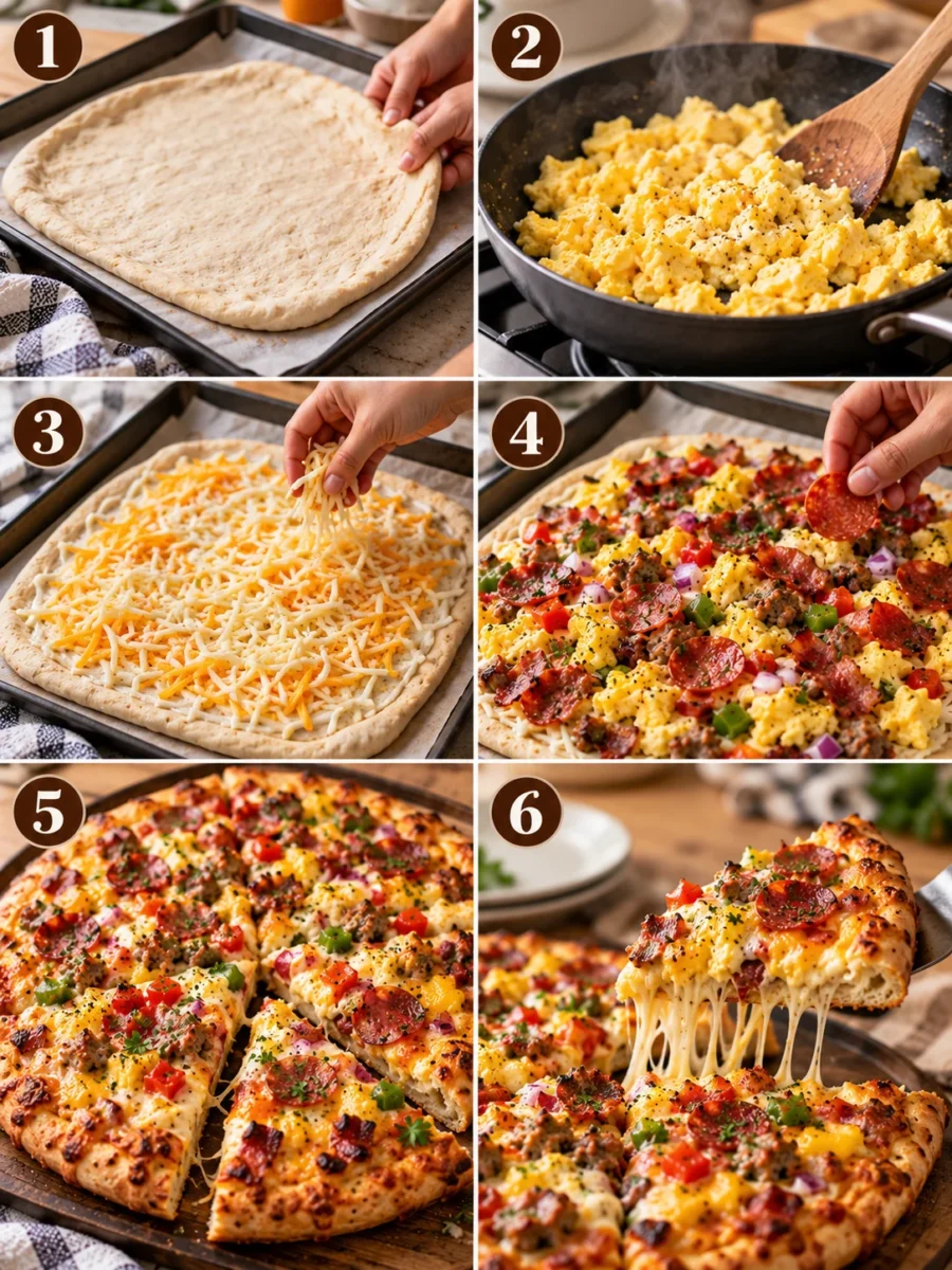Vertical collage of breakfast pizza recipe steps, including pre-baking the crust, scrambling the eggs, and adding the toppings