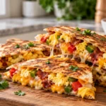 Golden brown breakfast quesadilla on a light wood kitchen table