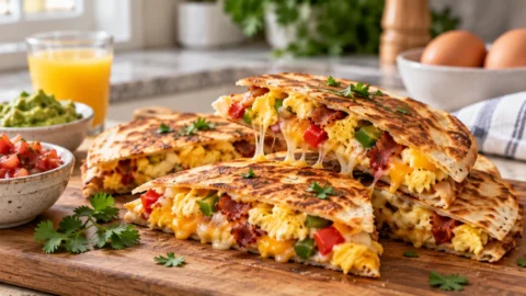 Golden brown breakfast quesadilla on a light wood kitchen table