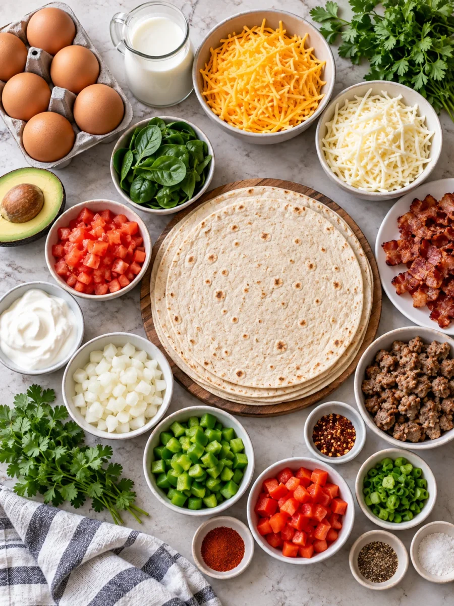 Flat-lay of breakfast quesadilla ingredients, including eggs, cheese, and tortillas