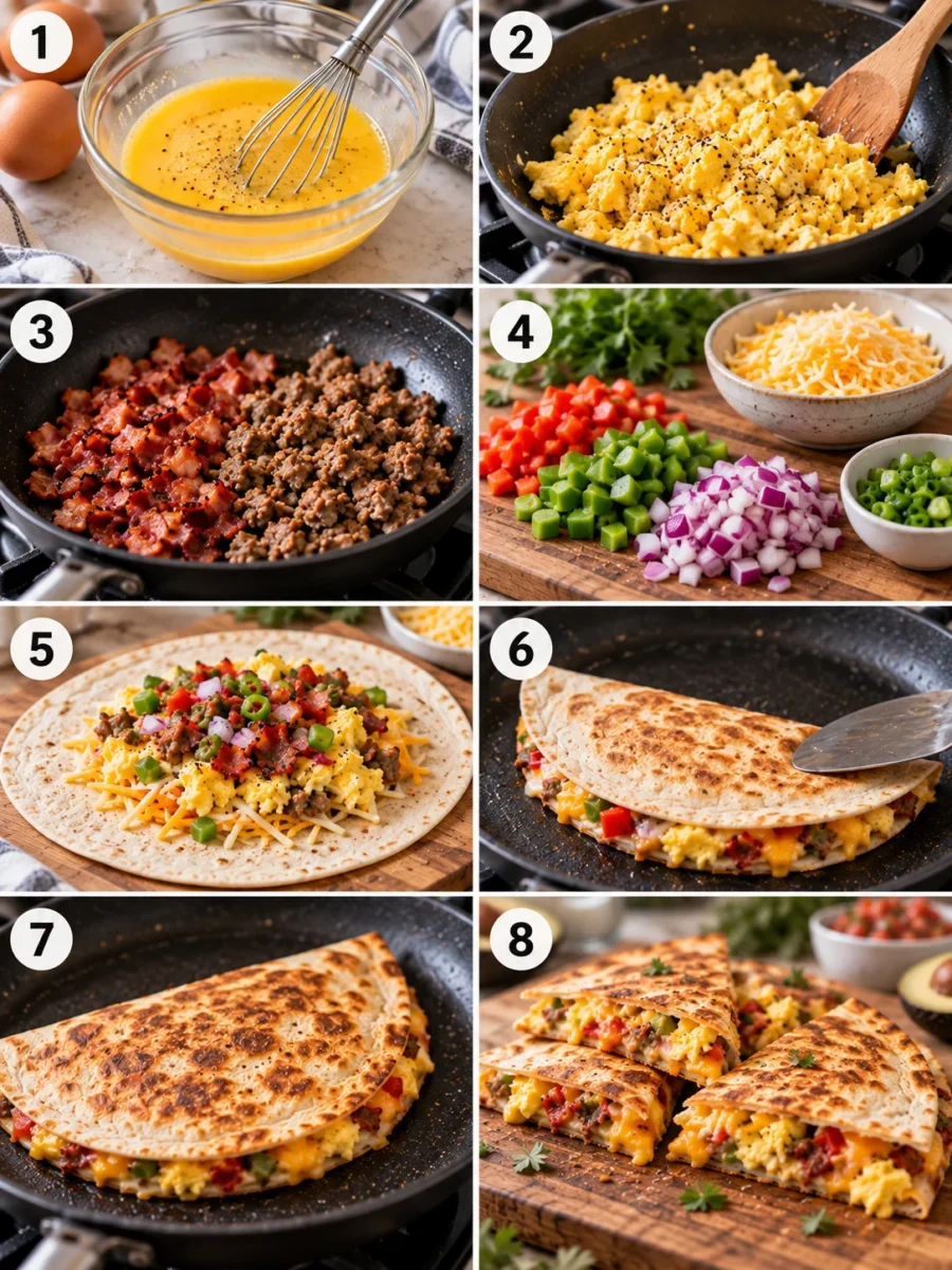 Vertical step-by-step cooking instructions collage for breakfast quesadilla