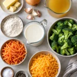 A flat-lay of ingredients for broccoli cheddar soup, including vegetables, dairy, and spices