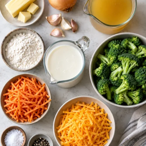 A flat-lay of ingredients for broccoli cheddar soup, including vegetables, dairy, and spices