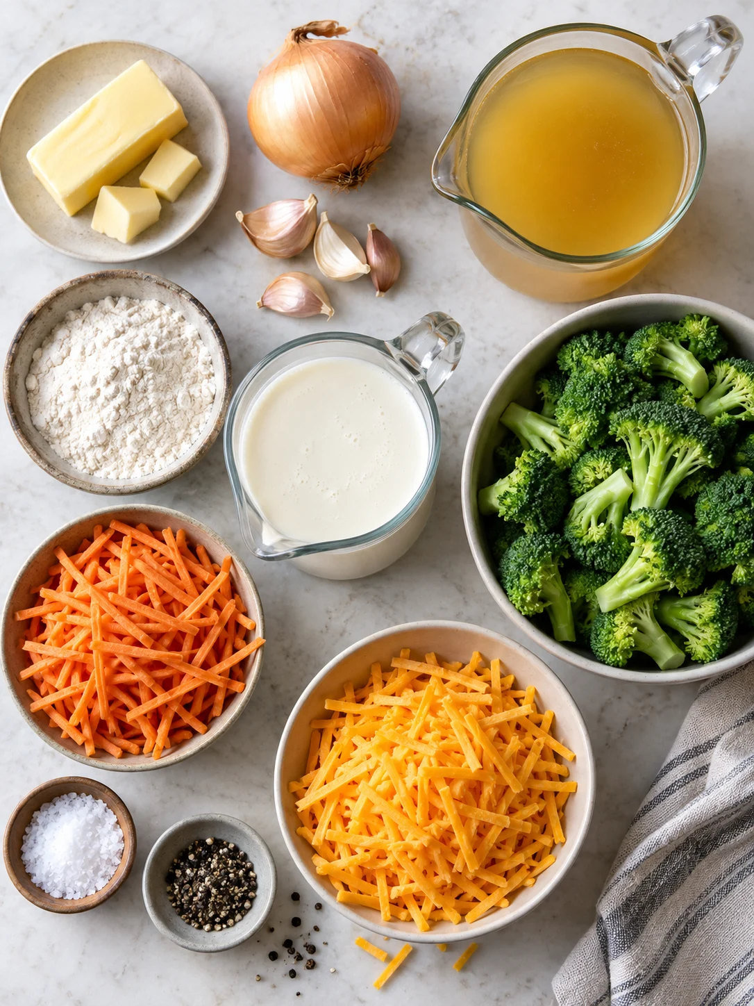 A flat-lay of ingredients for broccoli cheddar soup, including vegetables, dairy, and spices