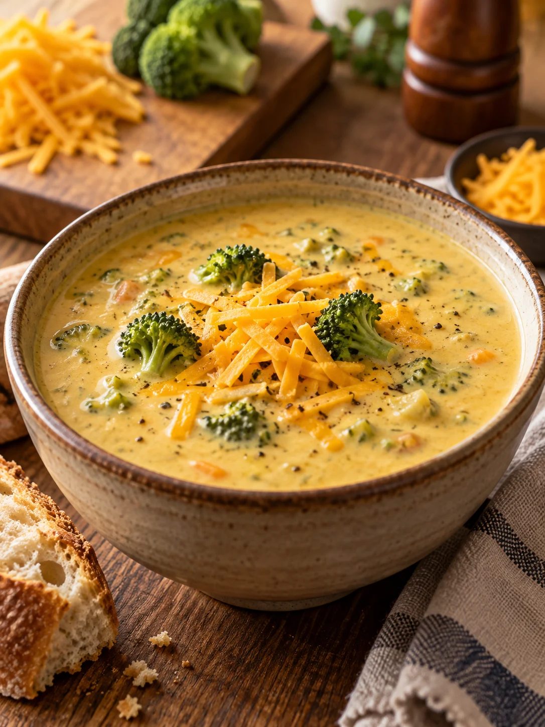 A warm and inviting bowl of broccoli cheddar soup, garnished with cheese and broccoli florets