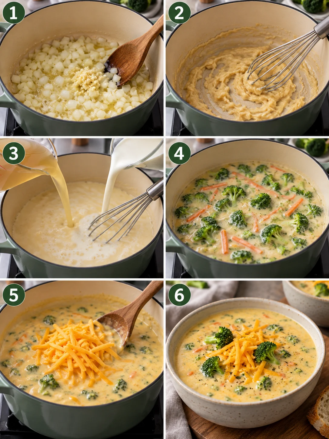 A step-by-step guide to making broccoli cheddar soup, with numbered panels and brief descriptions