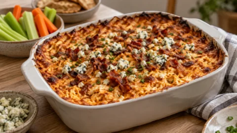 Game Day Food A freshly baked buffalo chicken dip in a baking dish, topped with blue cheese crumbles and crumbled beef bacon