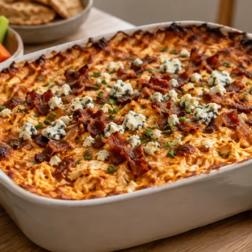 A freshly baked buffalo chicken dip in a baking dish, topped with blue cheese crumbles and crumbled beef bacon