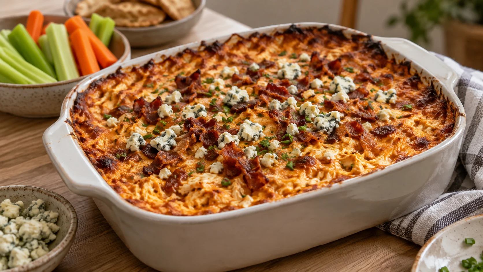 A freshly baked buffalo chicken dip in a baking dish, topped with blue cheese crumbles and crumbled beef bacon