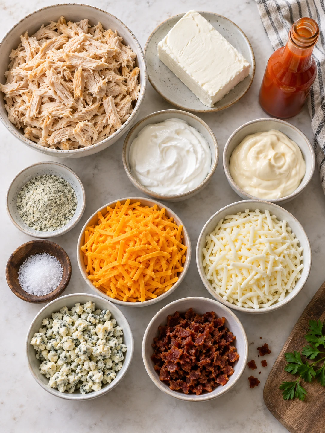 A flat-lay of the ingredients for the buffalo chicken dip recipe, including meats, cheeses, and sauces