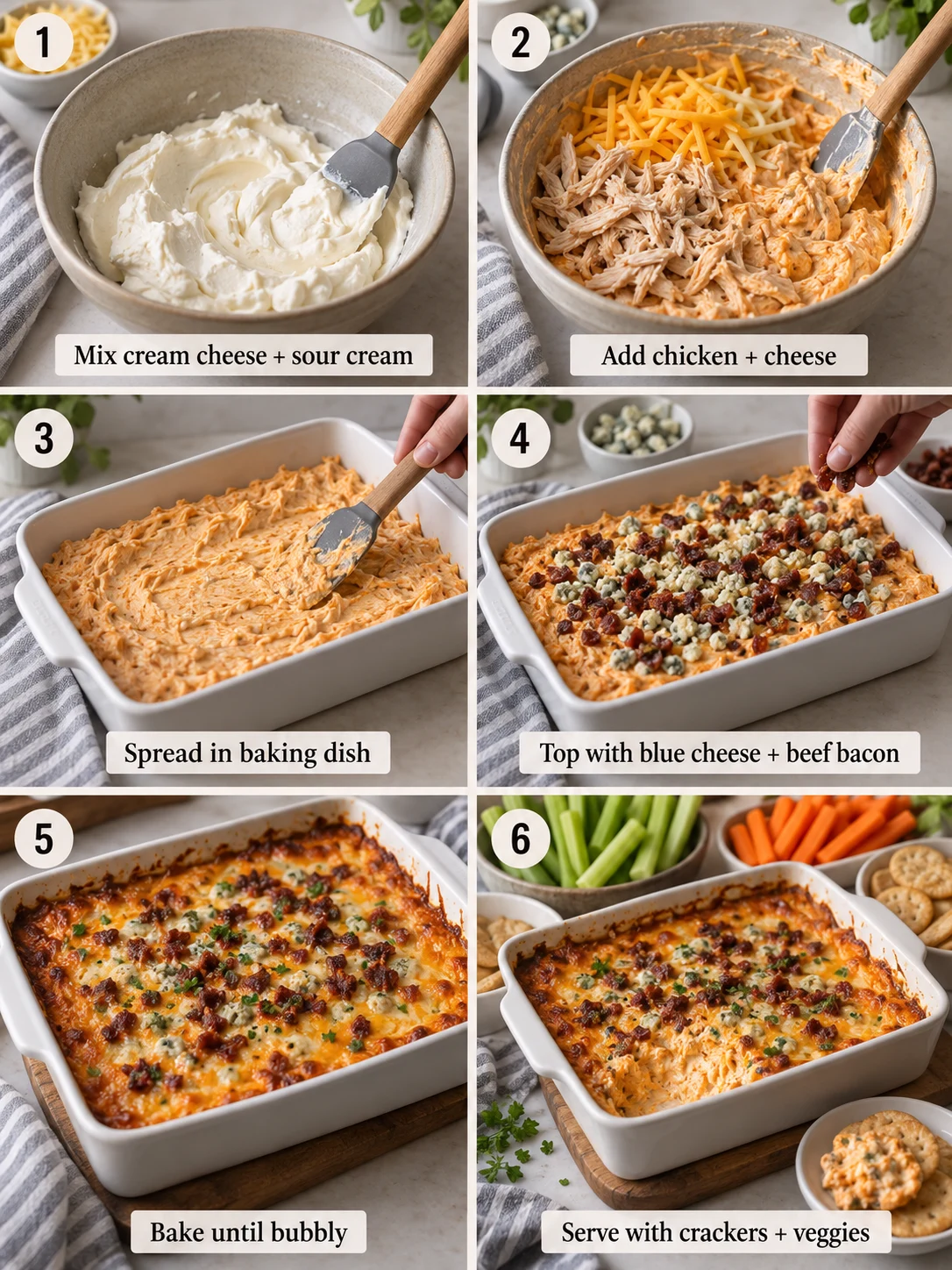 A step-by-step guide to making the buffalo chicken dip recipe, with 6 panels showing key actions and ingredients