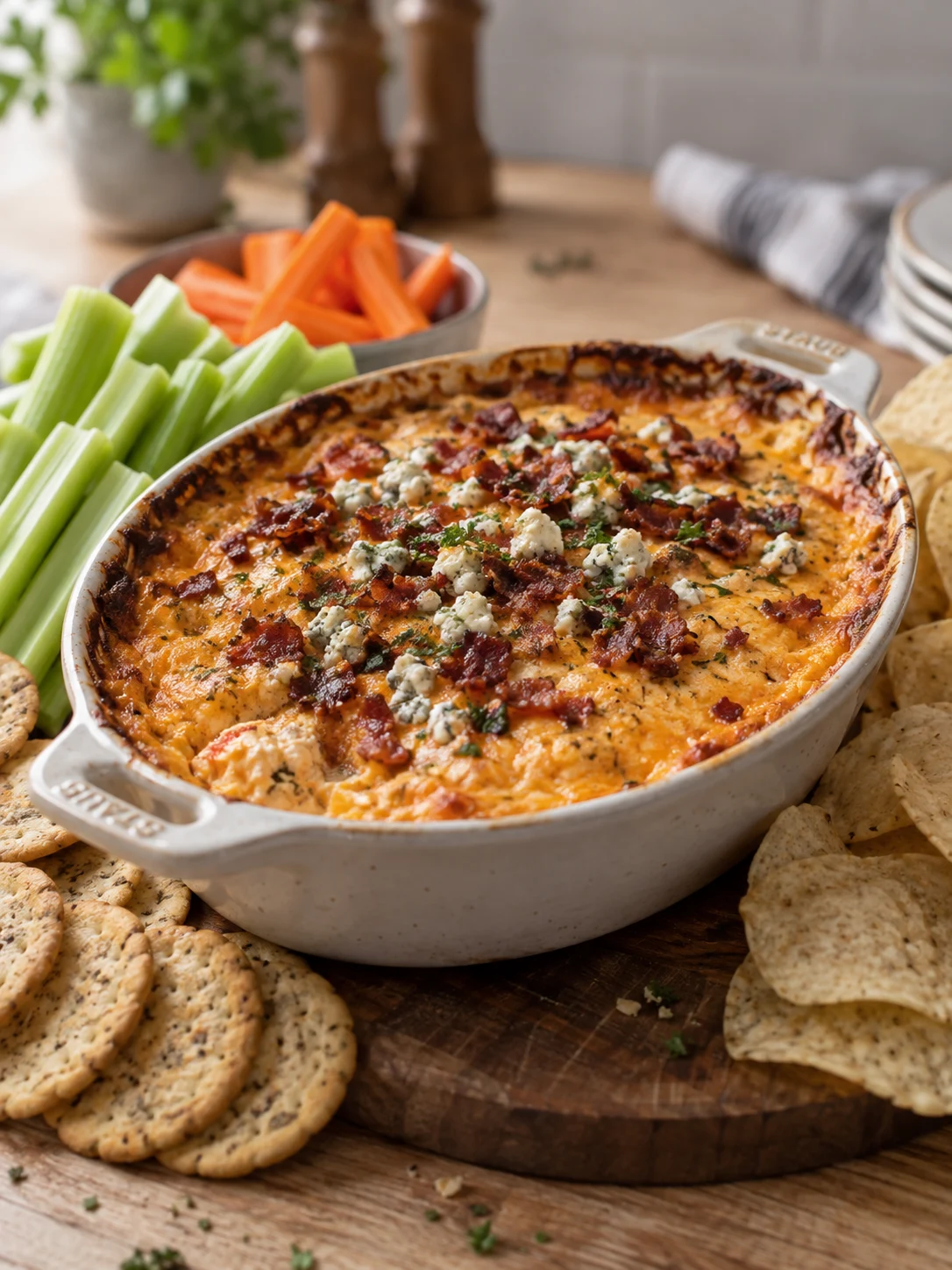 A serving suggestion for the buffalo chicken dip recipe, with crackers, chips, and sliced vegetables