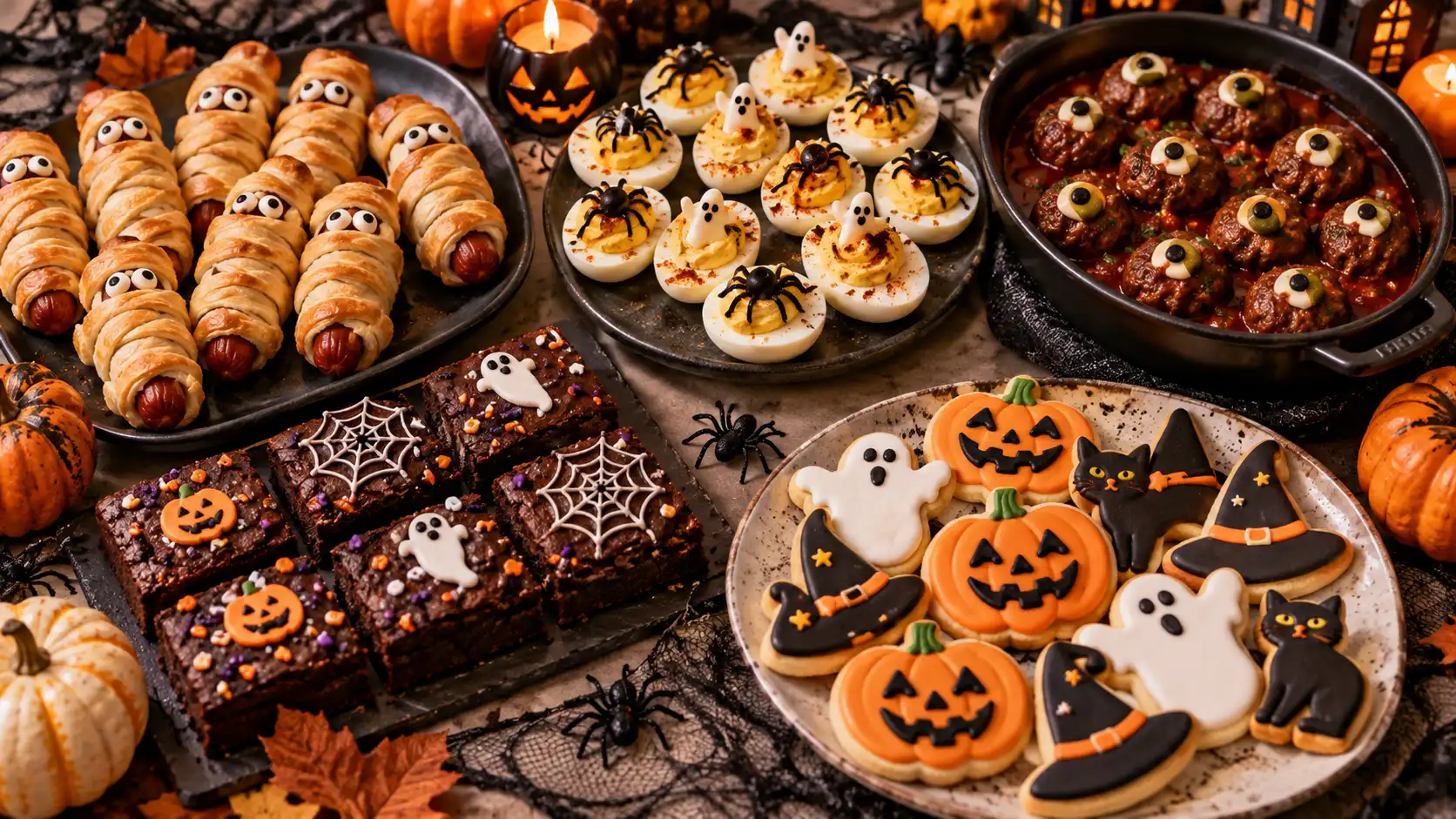 Halloween food ideas with mummy hot dogs, deviled eggs, spooky meatballs, brownies, and decorated sugar cookies