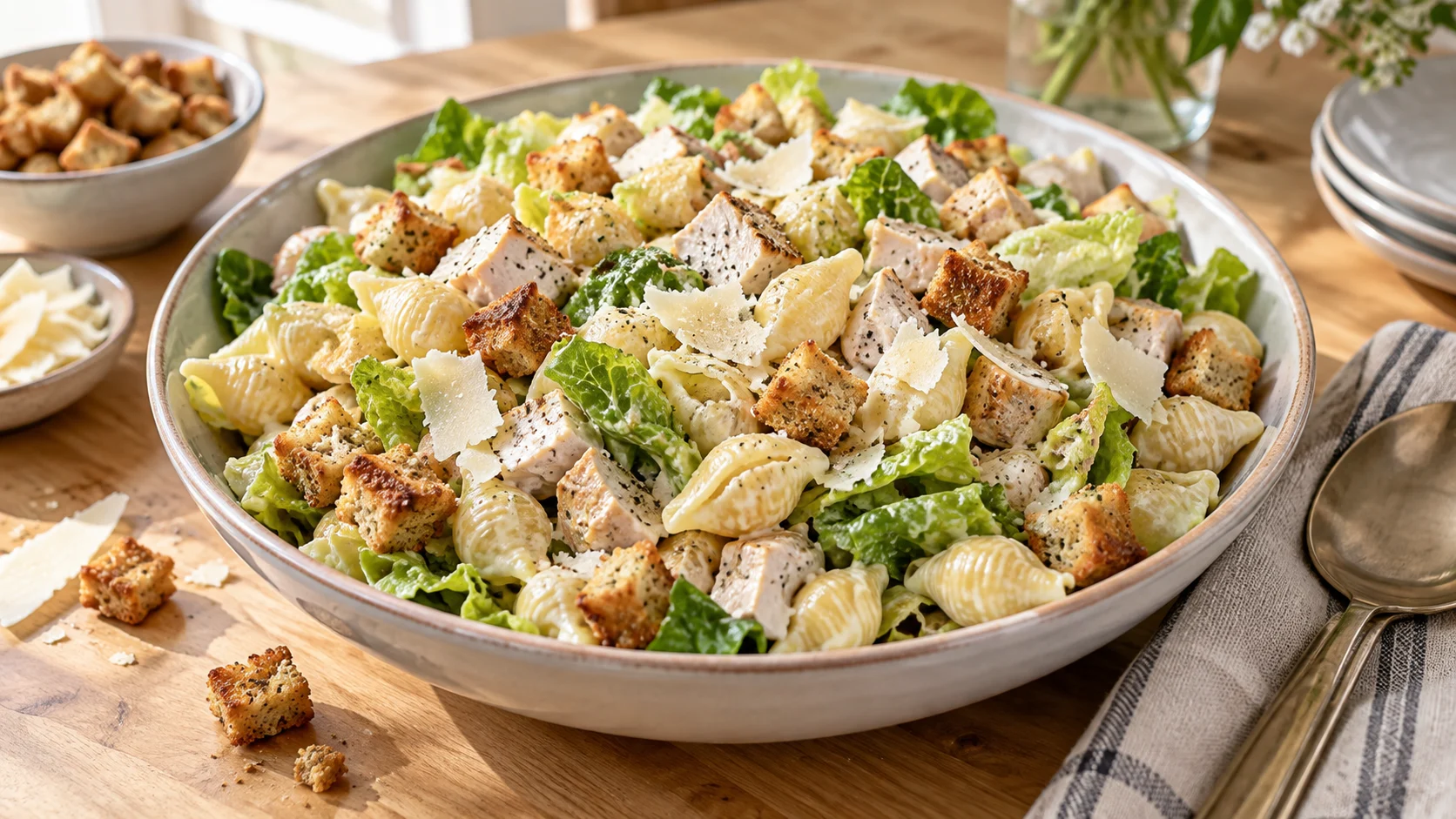 A large serving of chicken caesar pasta salad on a light wood kitchen table