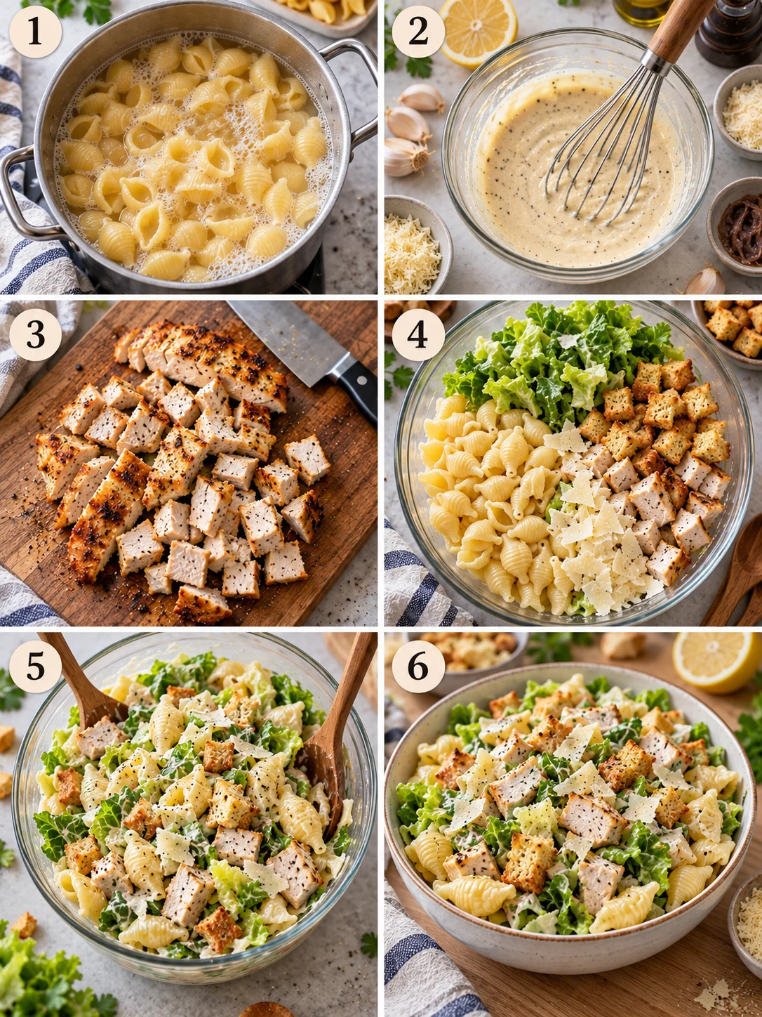 Chicken Caesar Pasta Salad Process Collage Image