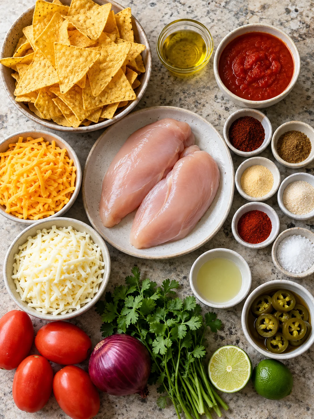 A flat-lay arrangement of ingredients for the chicken nachos recipe